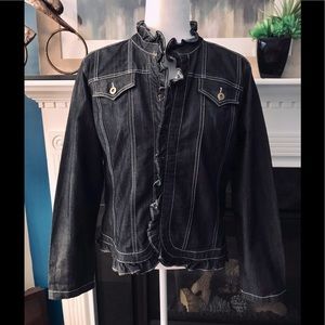 Baccini Ruffle Trim Black Denim Jacket - size L!